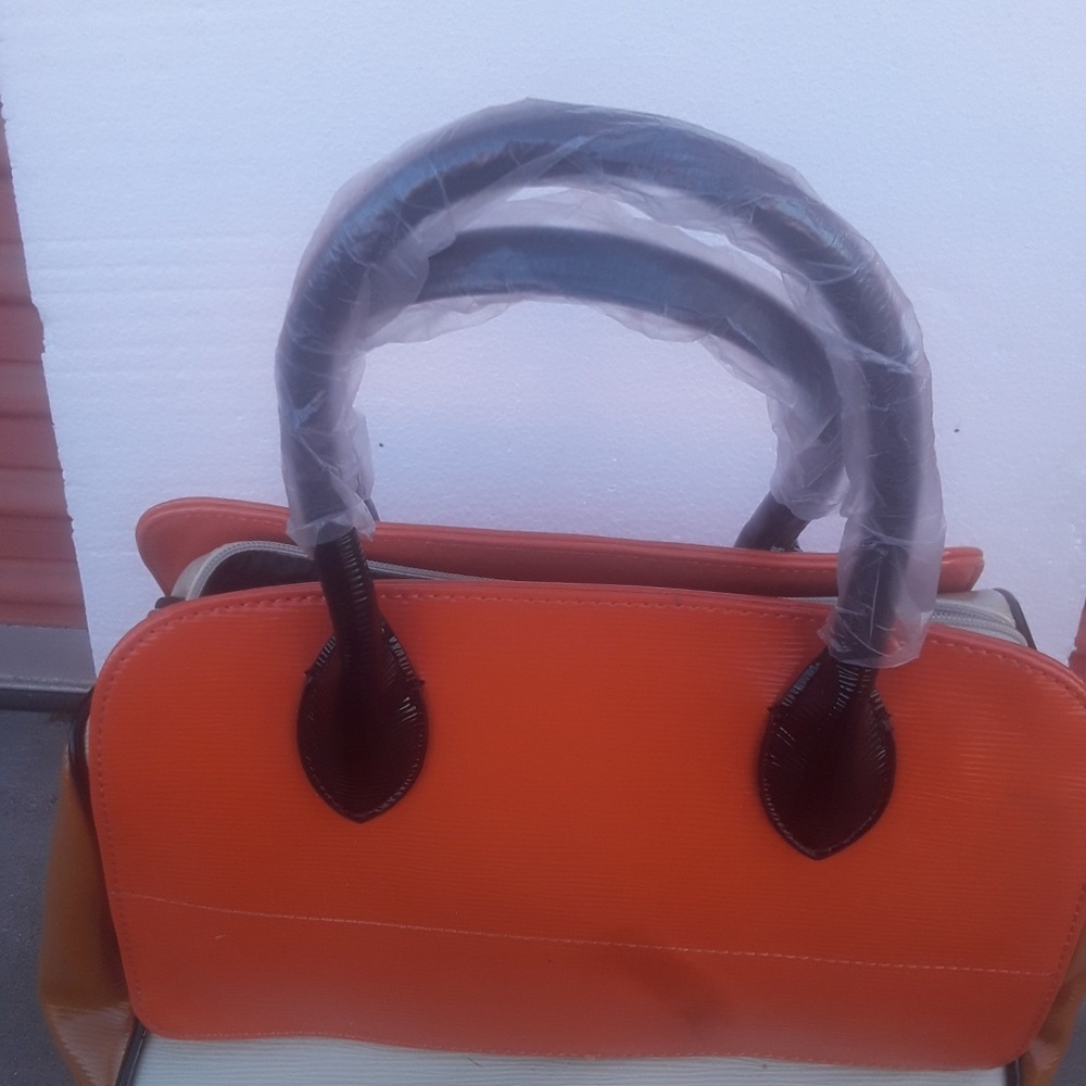NEW Black Orange Tan Patent color block Doctor Bag Purse Satchel Handbag Chain - Picture 2 of 7
